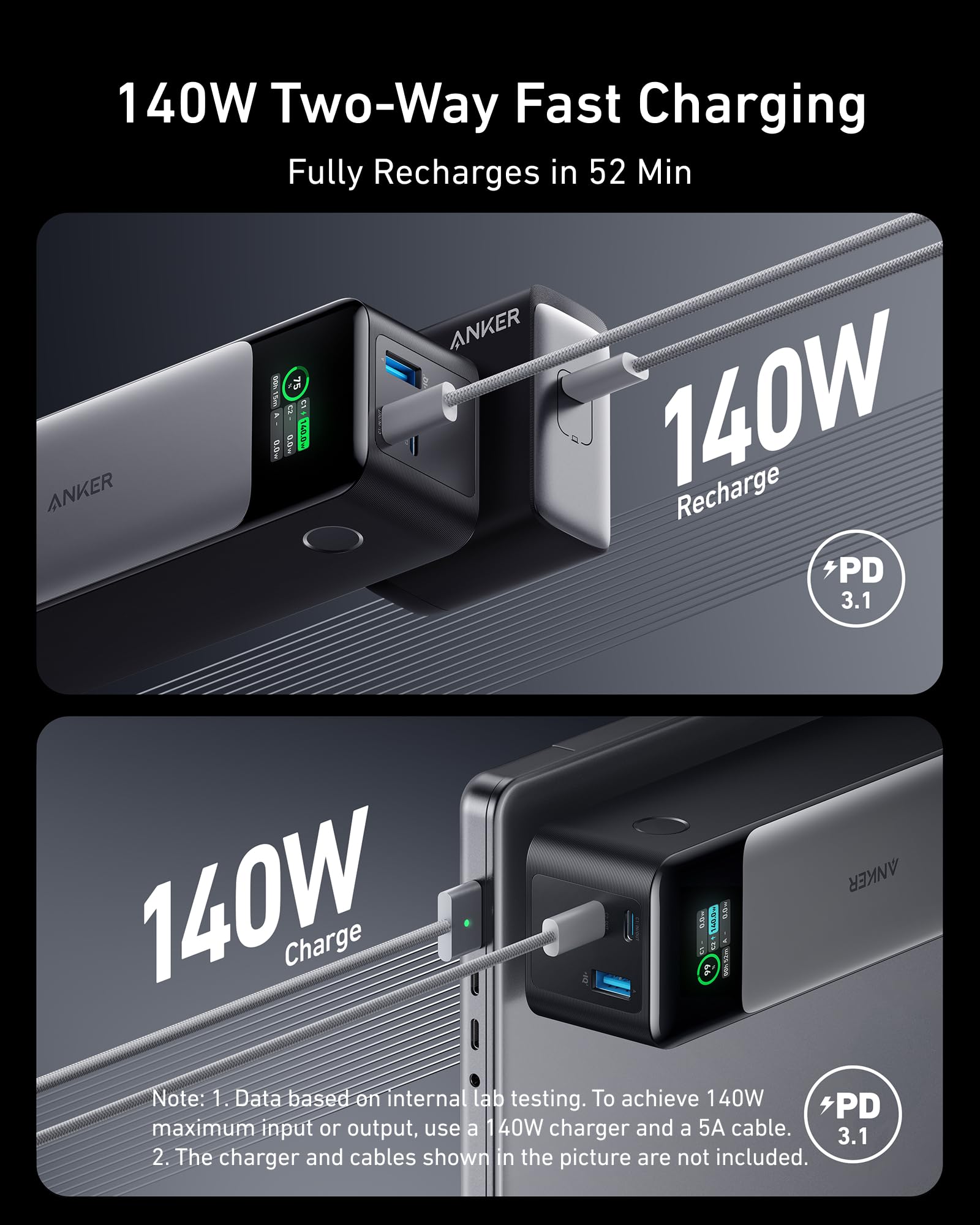 Anker 737 Power Bank, 140W Max 3-Port Laptop Portable Charger, 24,000mAh, Smart Display, Compatible with iPhone 16 / 15 / 14 Series, Vision Pro, Samsung, MacBook, and More - Image 3