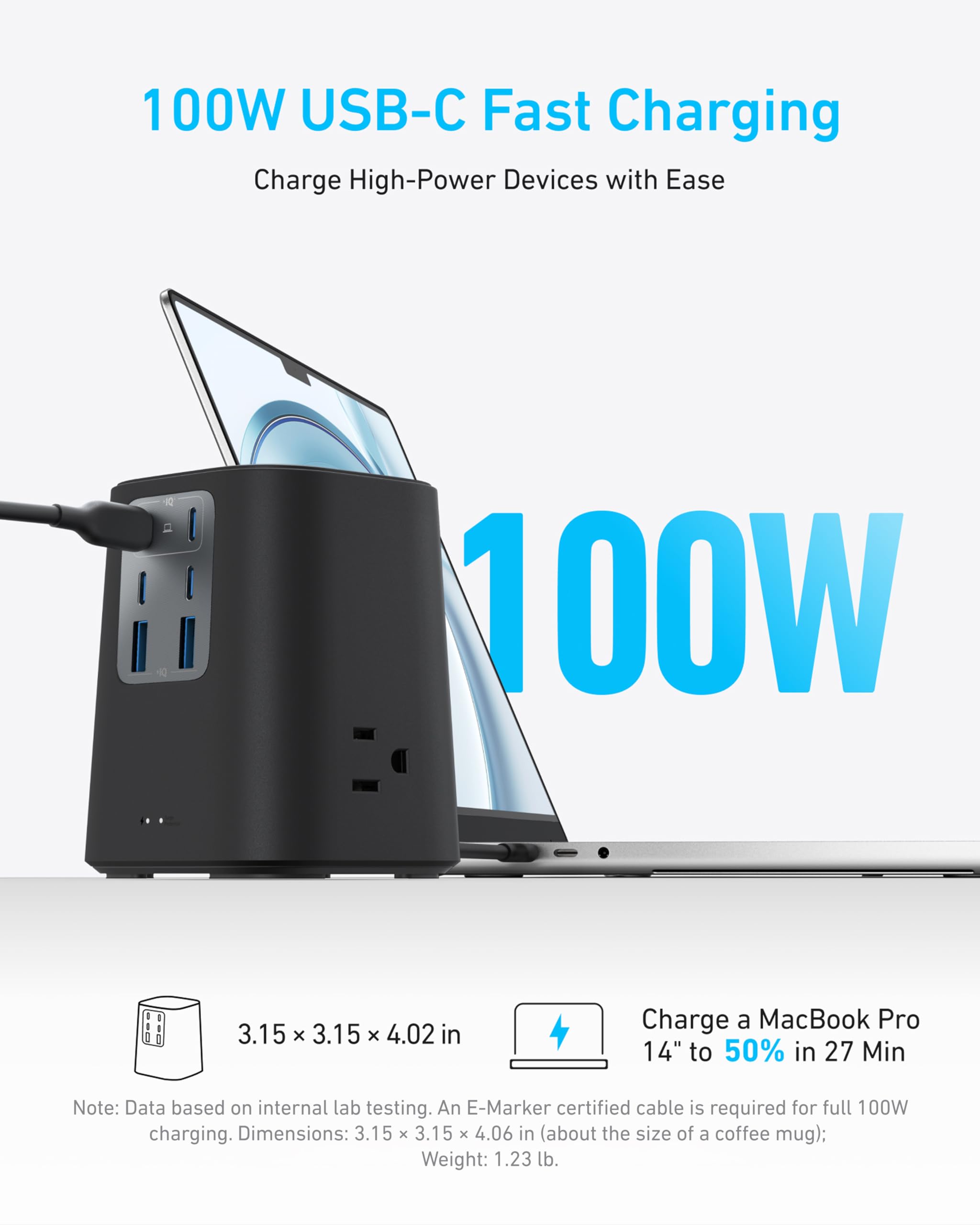 Anker Desktop Charger, 9-in-1 Power Strip with 300J Surge Protector, 5ft Flat Plug Extension Cord with Multiple Devices, 100W USB C Charger with 3 AC, 2 USB A, 4 USB C, Home Office, Desk Accessories - Image 3