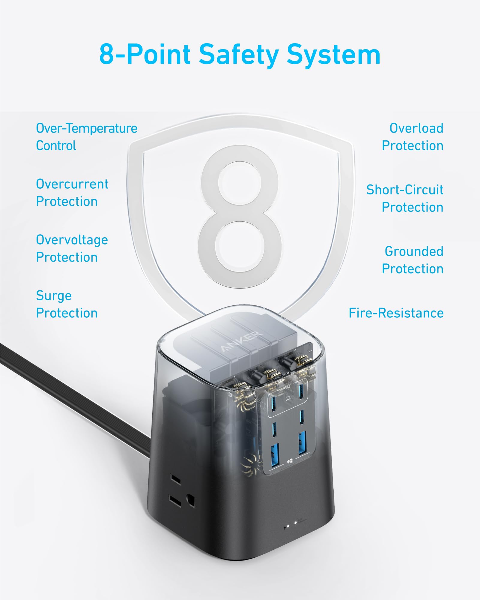 Anker Desktop Charger, 9-in-1 Power Strip with 300J Surge Protector, 5ft Flat Plug Extension Cord with Multiple Devices, 100W USB C Charger with 3 AC, 2 USB A, 4 USB C, Home Office, Desk Accessories - Image 4