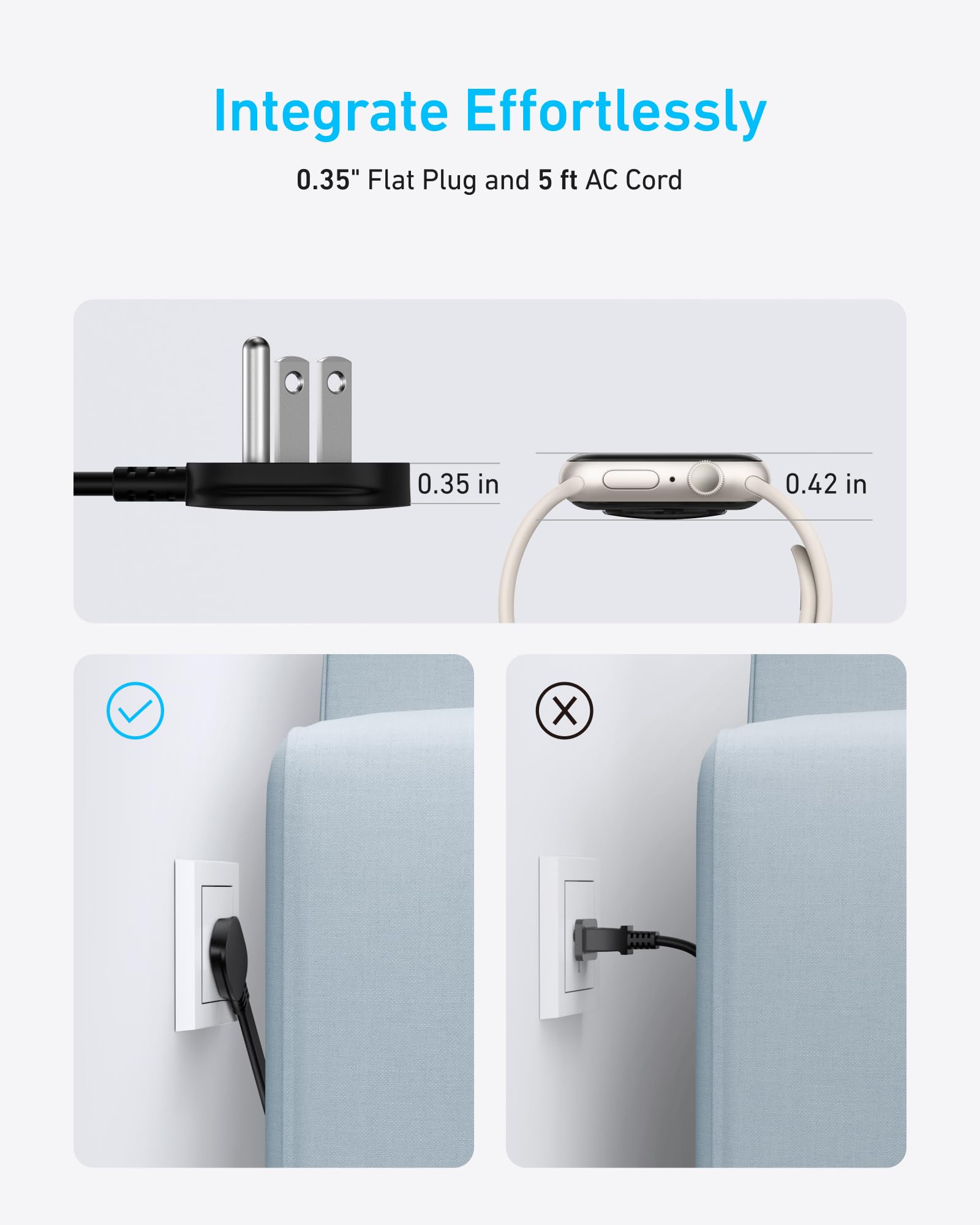 Anker Desktop Charger, 9-in-1 Power Strip with 300J Surge Protector, 5ft Flat Plug Extension Cord with Multiple Devices, 100W USB C Charger with 3 AC, 2 USB A, 4 USB C, Home Office, Desk Accessories - Image 5