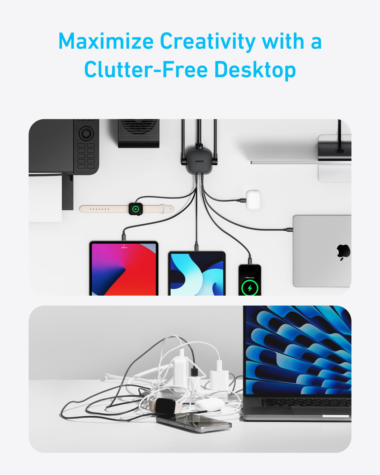 Anker Desktop Charger, 9-in-1 Power Strip with 300J Surge Protector, 5ft Flat Plug Extension Cord with Multiple Devices, 100W USB C Charger with 3 AC, 2 USB A, 4 USB C, Home Office, Desk Accessories - Image 6