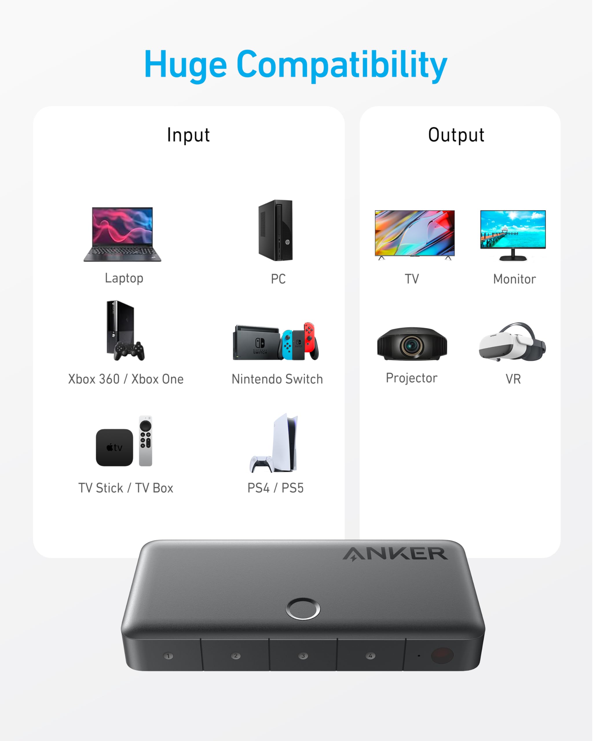 Anker HDMI Switch, 4K@60Hz HDMI Switcher, 4 in 1 Out with Smooth Finish, Supports HDR/3D/Dolby/DTS, Compatible with Laptops,PC,Xbox,PS5/PS4,Projector(Charger and Remote Control Batteries Not Included) - Image 6