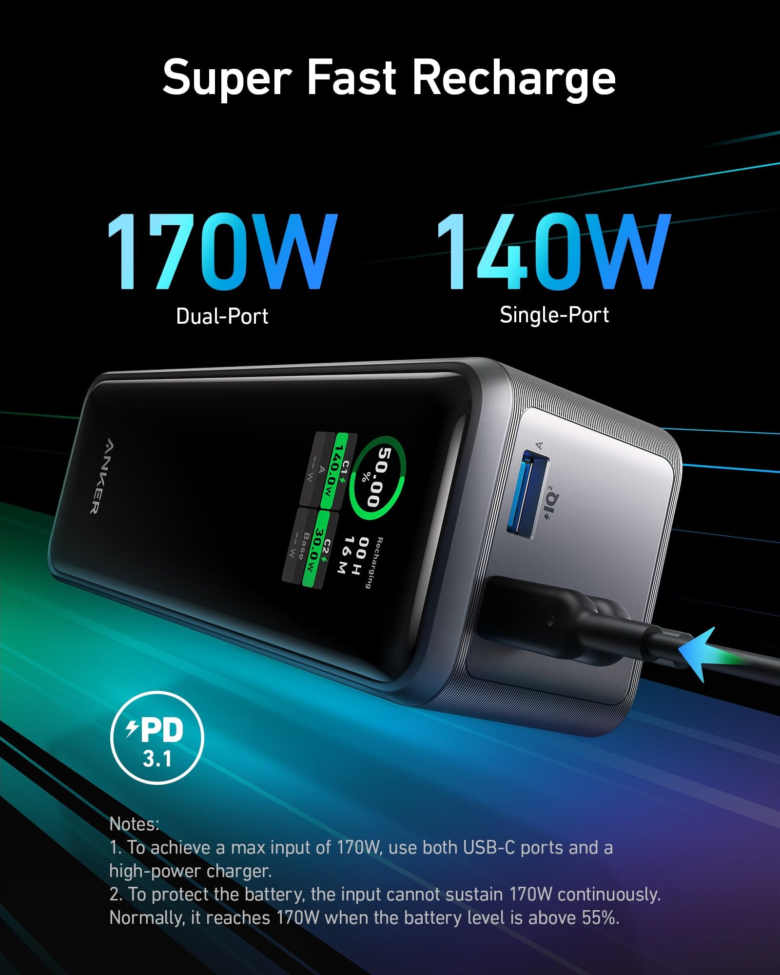 Anker Prime Power Bank, 27,650mAh 3-Port 250W Portable Charger for Travel, TSA-Approved, Smart App, for MacBook Pro/Air, iPhone 16/15/14 Series, Samsung, Laptops, and More (Charging Base Not Included) - Image 5