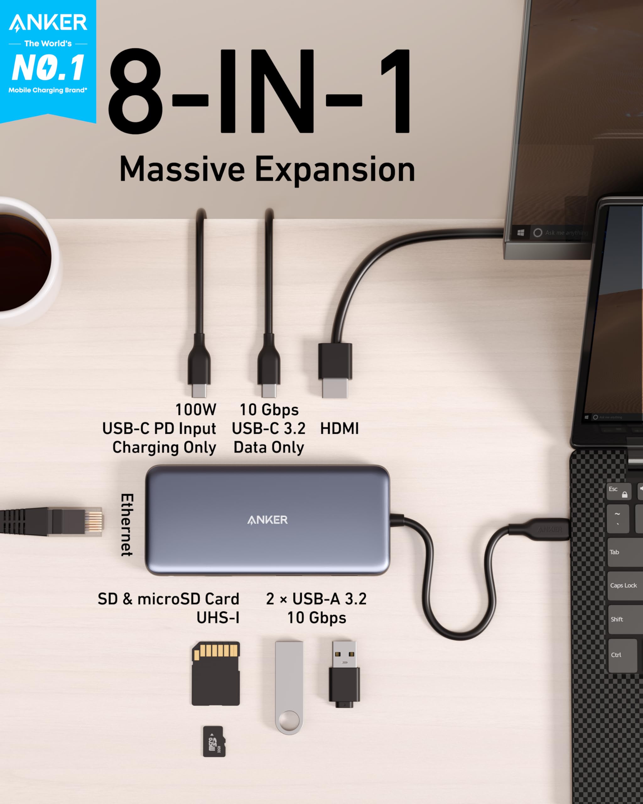 Anker USB C Hub with Ethernet, 8-in-1 Multiport Ethernet Adapter with 4K 60Hz HDMI Port, 85W Power Delivery, 10Gbps USB C and 2 A Data Ports, microSD SD Card Reader, for MacBook Pro/XPS/iPad and More - Image 3